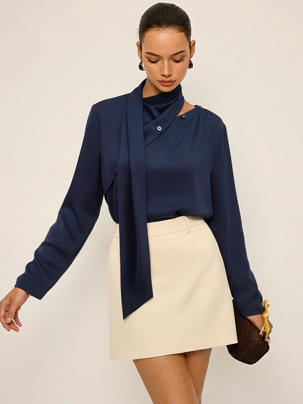 COMMENSE Asymmetric Tie-Neck Button Detail Satin Blouse - size Medium
